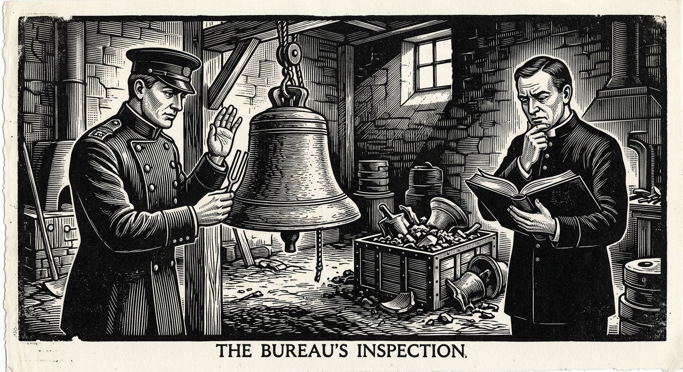 Two Bureau of Bells officials examining a newly recast bell in a foundry, tuning fork raised, old slag visible in a crate behind them
