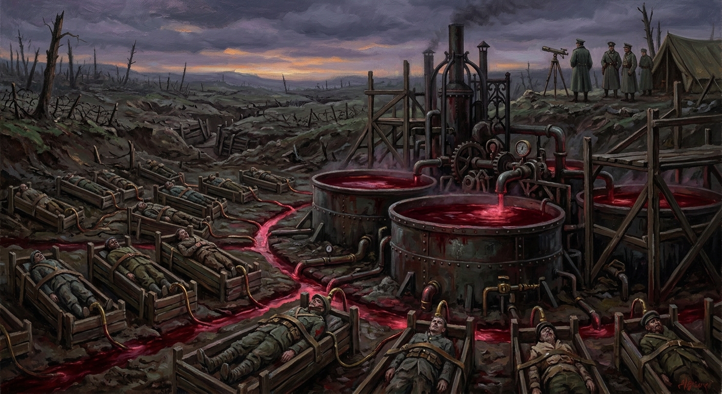A Blood-Tithe installation near the Sagittal Line at dusk — rows of prisoners in wooden cradles with brass leeching tubes, channels carved in mud glowing crimson, iron vats pooling with luminous blood