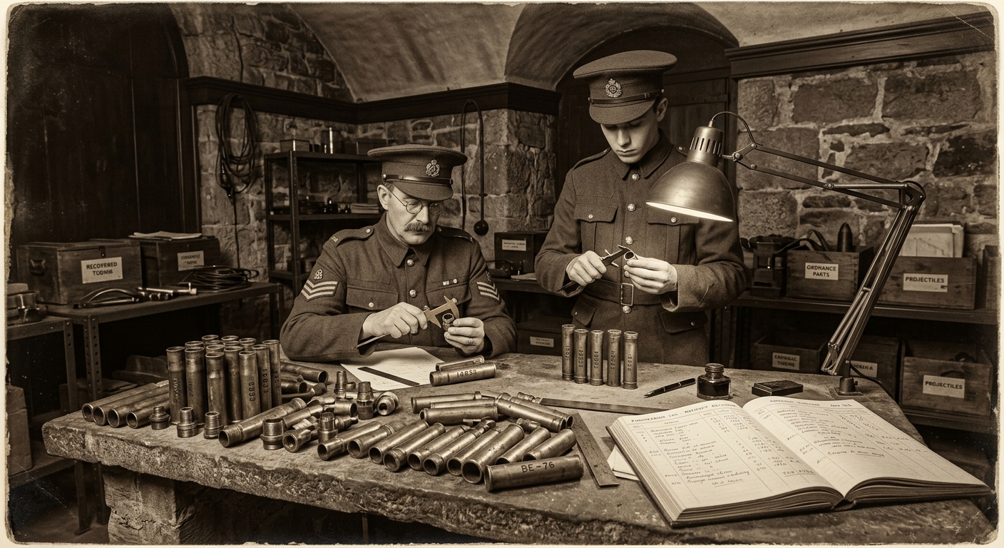Bureau of Engineering clerks examining recovered brass leeching tubes on a stone examination table, calipers measuring machined fittings, sequential serial numbers visible under the lamp