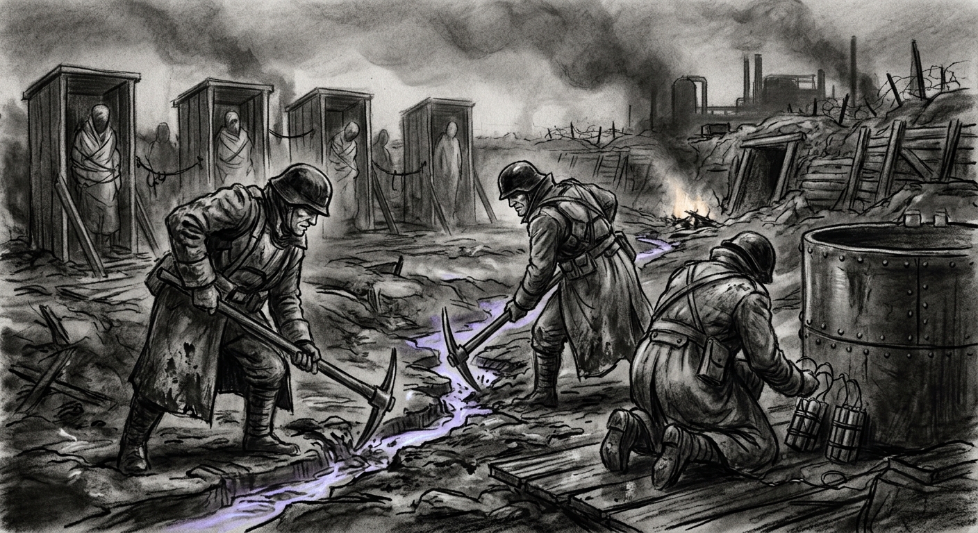 Covenant soldiers in WWI greatcoats executing Standing Order 88-G — destroying leeching channels with pickaxes and demolition charges, not looking at the prisoners still in the wooden cradles behind them