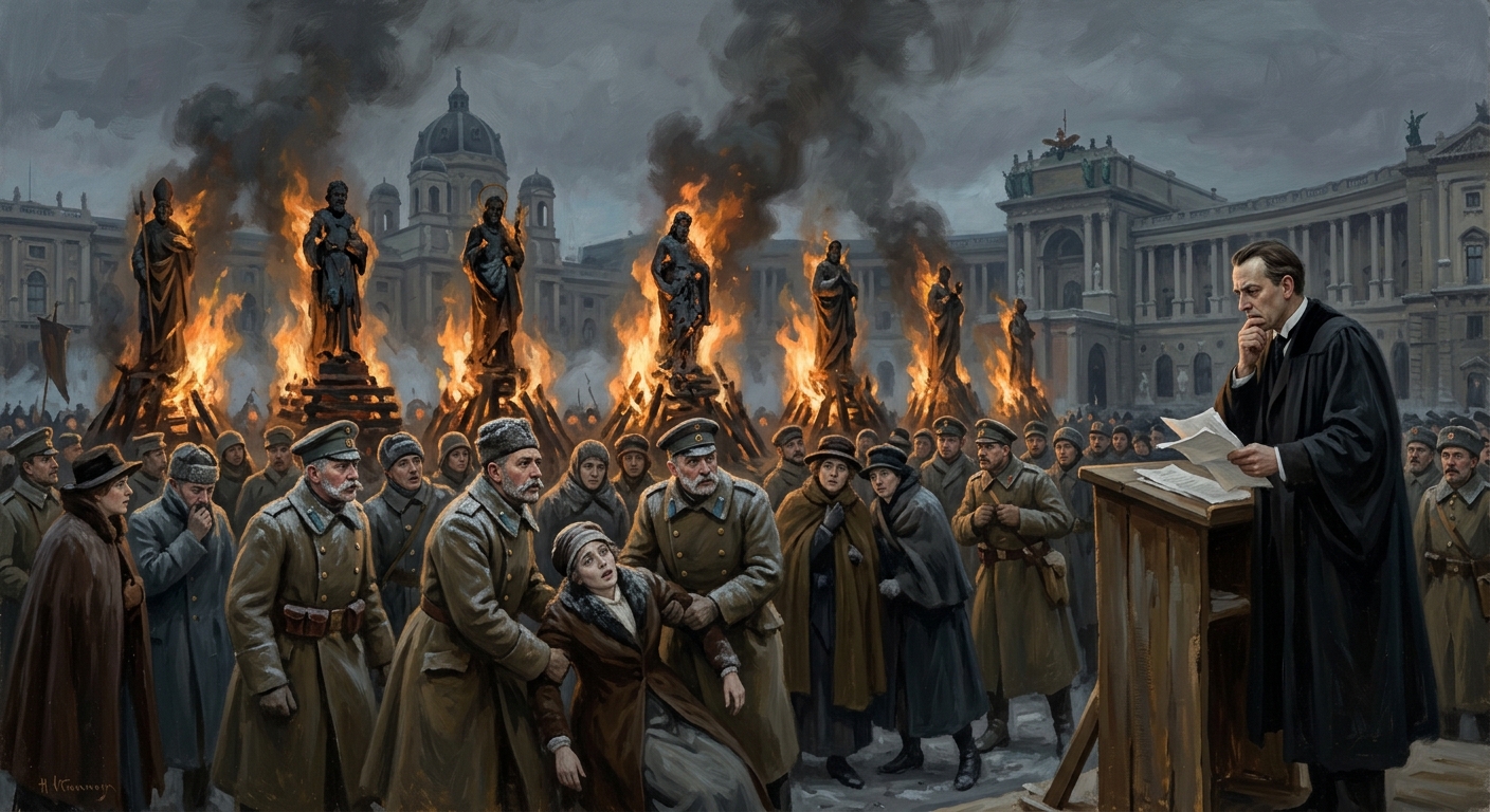 Seven pitch-fed pyres burning cold in the Heldenplatz, Vienna, A.S. 30 — flames luminous but the crowd pressing forward in confusion, frost on coat-buttons despite the fire, a man in academic black at the lectern staring at the flames