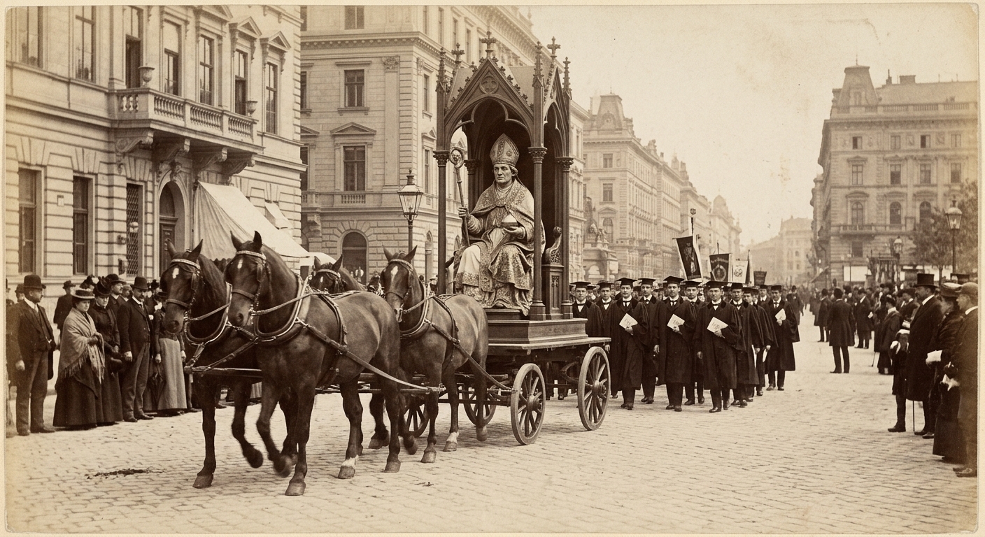 Sepia photograph of the Ringstrasse procession — a wheeled platform bearing the effigy of Saint Rupert with his salt-cellar, black-gowned Academy students marching behind, Vienna boulevard, afternoon