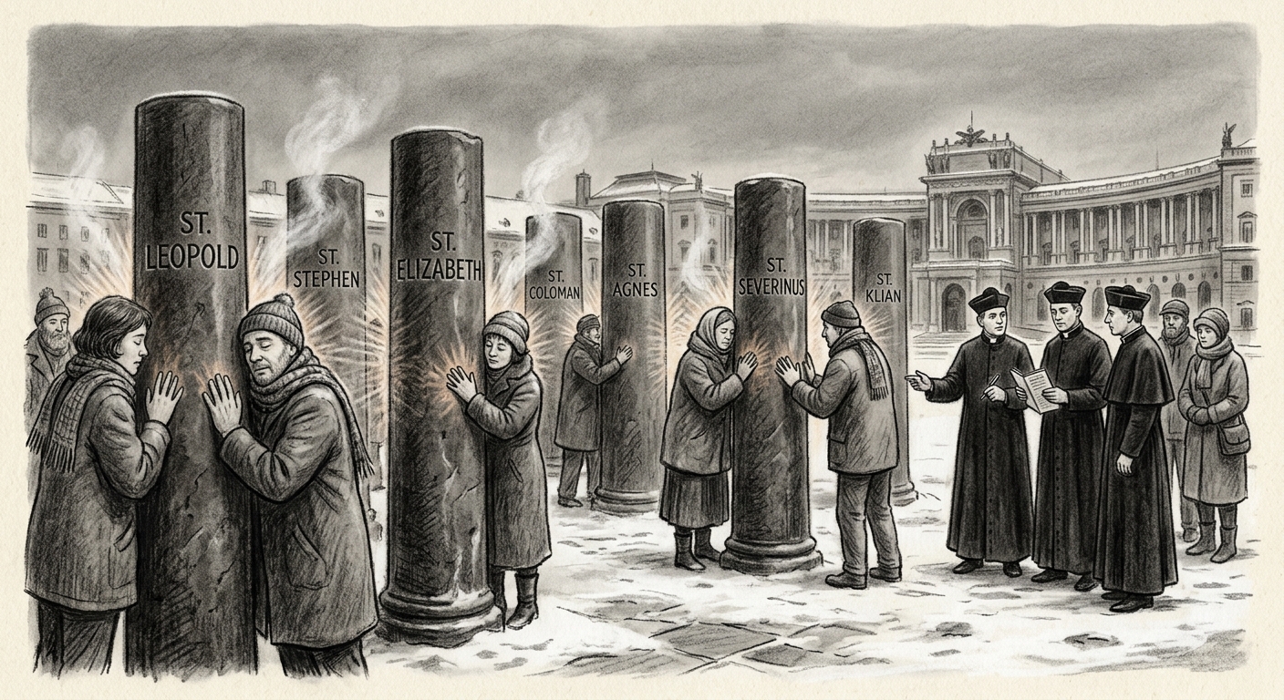 Charcoal drawing of the seven warm basalt columns at the reconsecrated Heldenplatz — pilgrims pressing bare hands to the stone in winter, breath visible, Bureau of Pilgrimage attendants checking permits