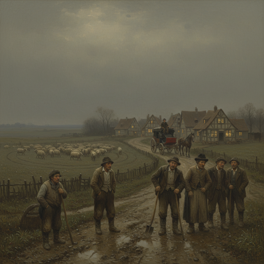 A Rhineland village at what should be noon under the Year Without Dawn — flat dimensionless grey sky, candles burning in every window, farmers staring at an empty horizon, sheep walking in slow circles in the far field.