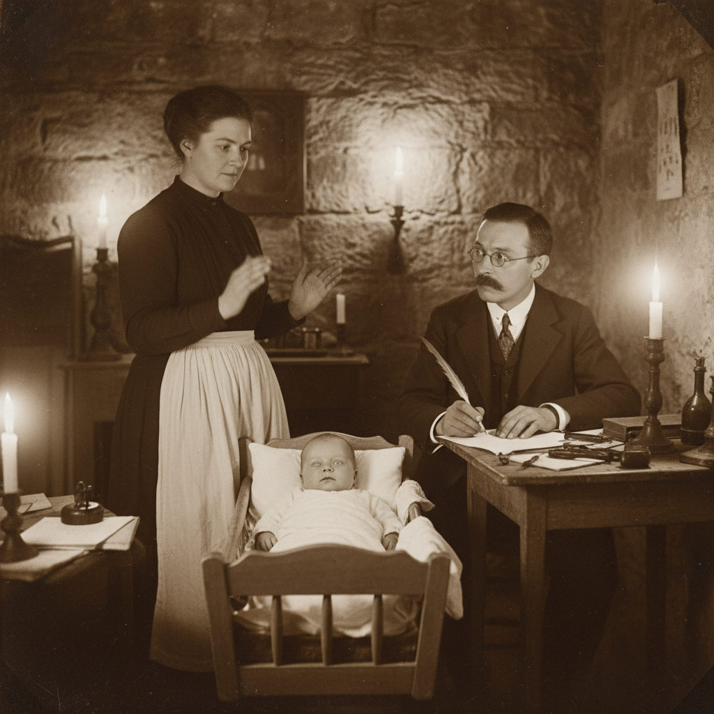 A midwife and physician frozen at a candlelit bedside in Lyon, the swaddled Greyling infant gazing upward with pale washed-out eyes, neither crying nor blinking.
