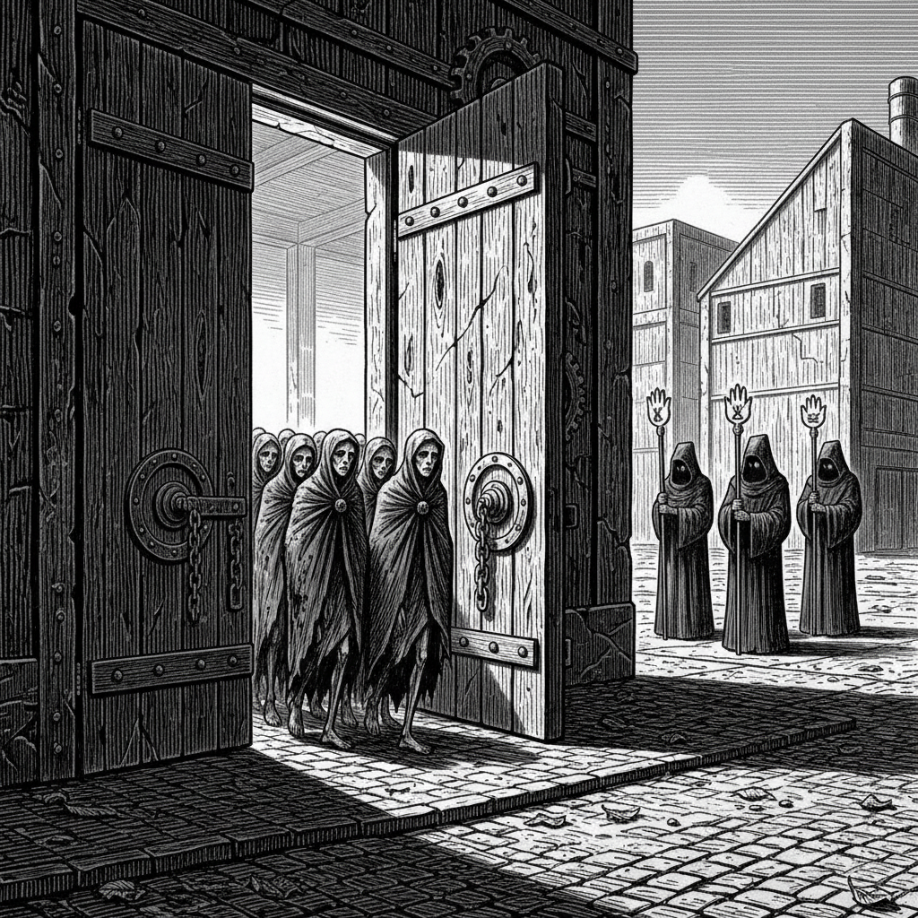 The Lyon ration-hall doors opened on the forty-first morning of the Hollow Fast, survivors emerging into grey light, faces composed, mouths closed.