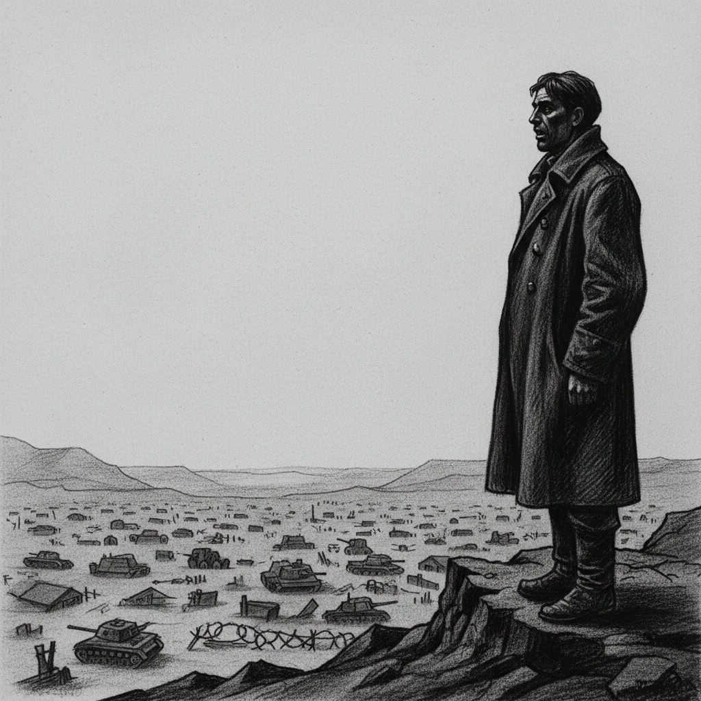 A refugee on a ridgeline above an abandoned military encampment in the grey, looking down at geometric formations of equipment and the silence where soldiers were.