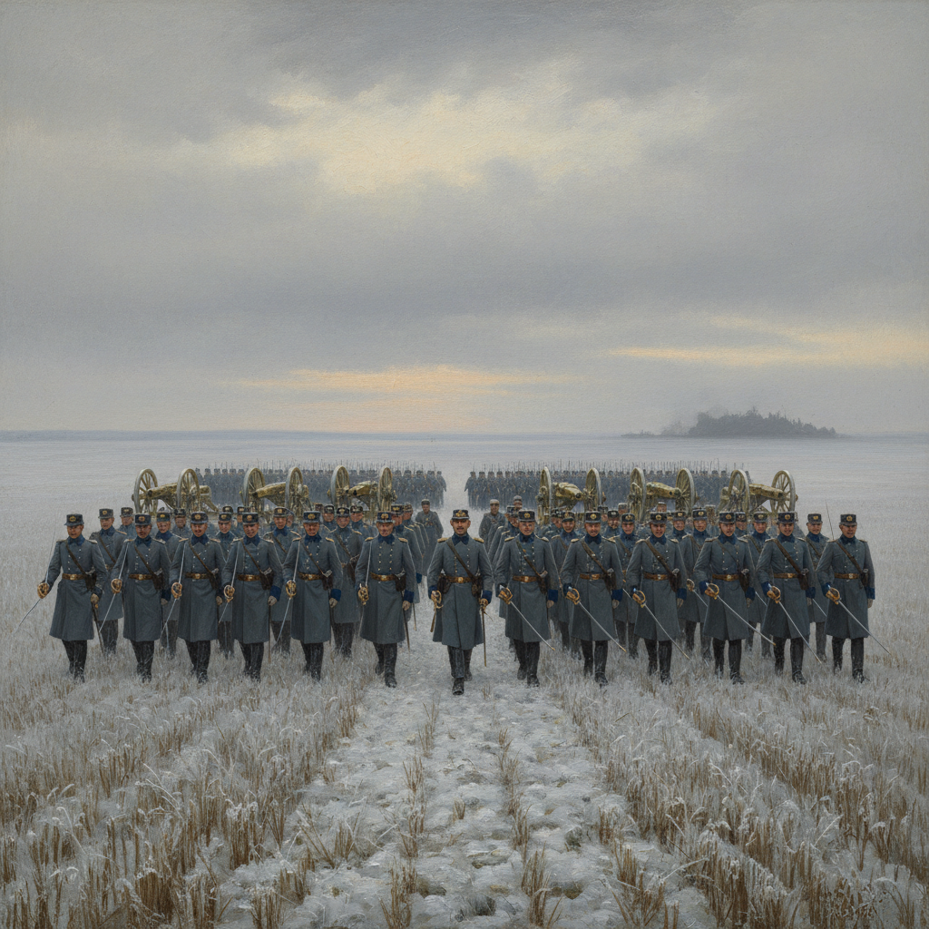 Twelve thousand Rationalist troops in perfect textbook formation on the frozen Iron Plains of Pannonia at dawn, artillery batteries unlimbered, a darkness gathering on the eastern horizon — one hour before fire fell from a cloudless sky