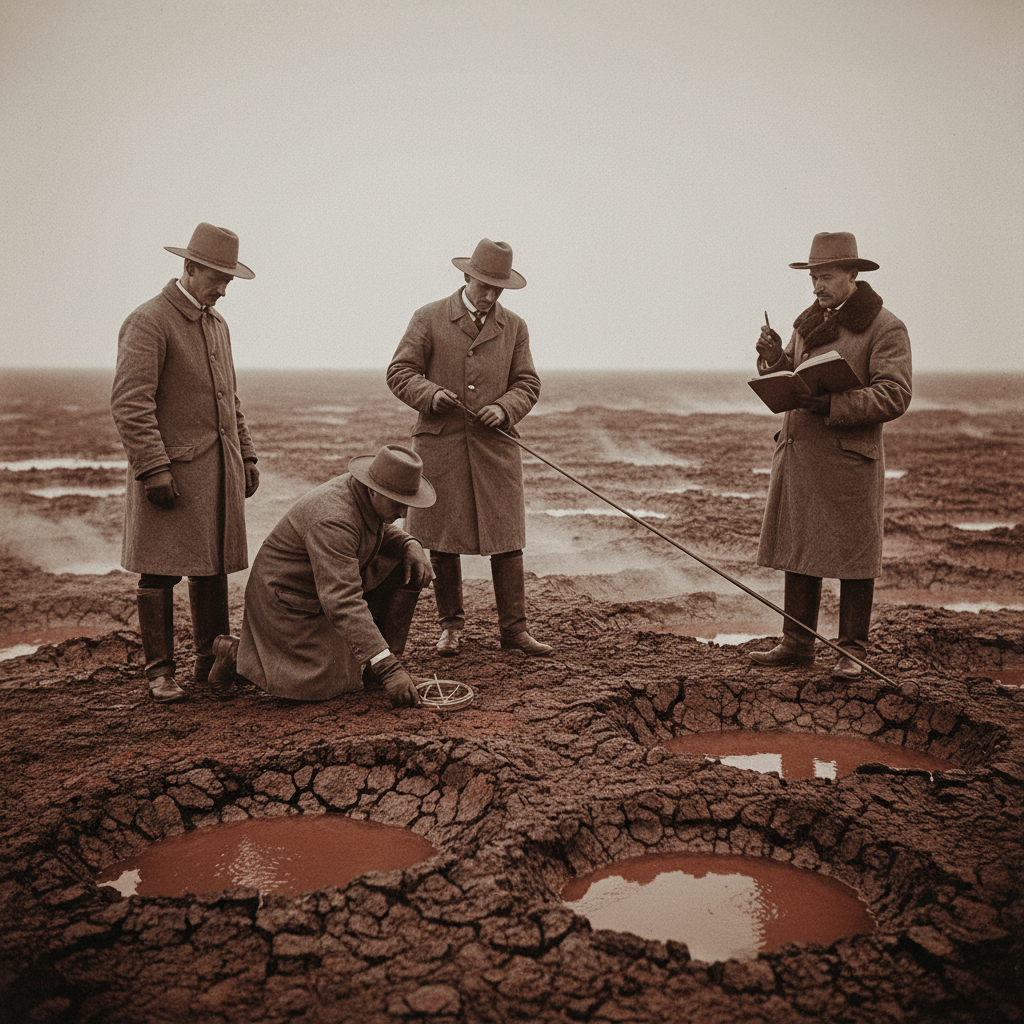 Bureau of Engineering survey team on the ferrous crust of the Iron Plains, A.S. 73 — surveyors in greatcoats with spinning compasses and laterally-pulling plumb-lines, rust-coloured water steaming in the craters