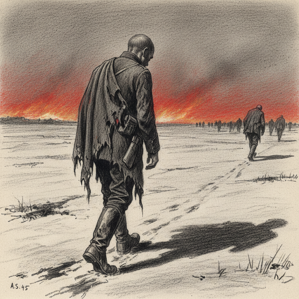 A survivor of the Iron Plains walking west across frozen Pannonian farmland in a scorched 12th Prefectural uniform, his back to the burning horizon, the direction of twelve thousand deaths stamped into the set of his shoulders