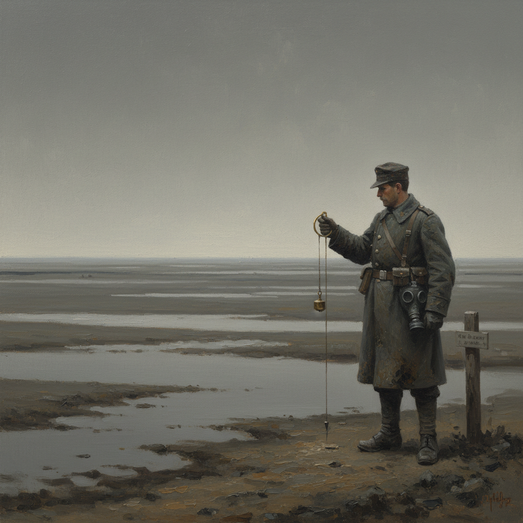 The Blightmarsh from the exclusion-zone boundary — grey warm mud stretching to no horizon, a lone Synod observer at the boundary marker, grey dimensionless sky, everything the colour of hunger