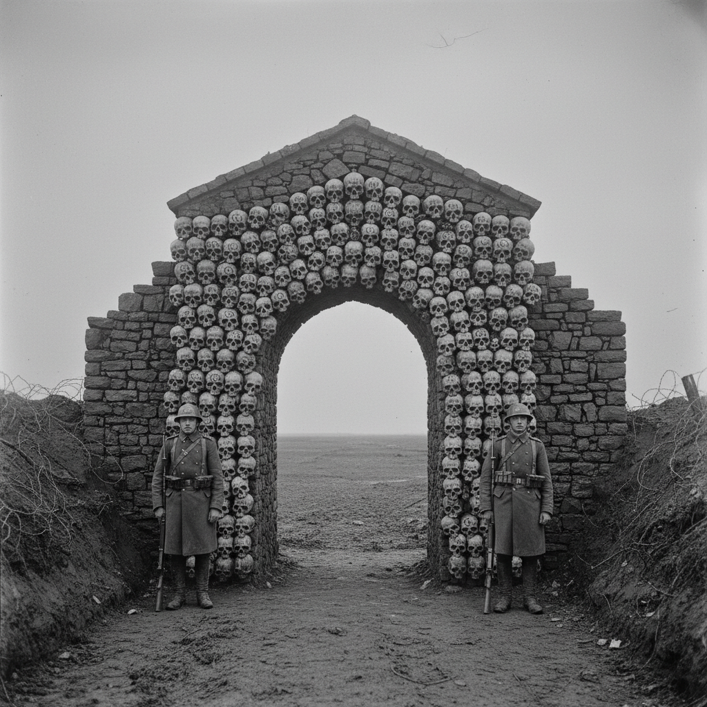 The Ossuary Gate of Debrecen — a gate arch built from skull-mortared stone, each skull branded with a field confession, Synod guards posted either side, the grey beyond open to nothing
