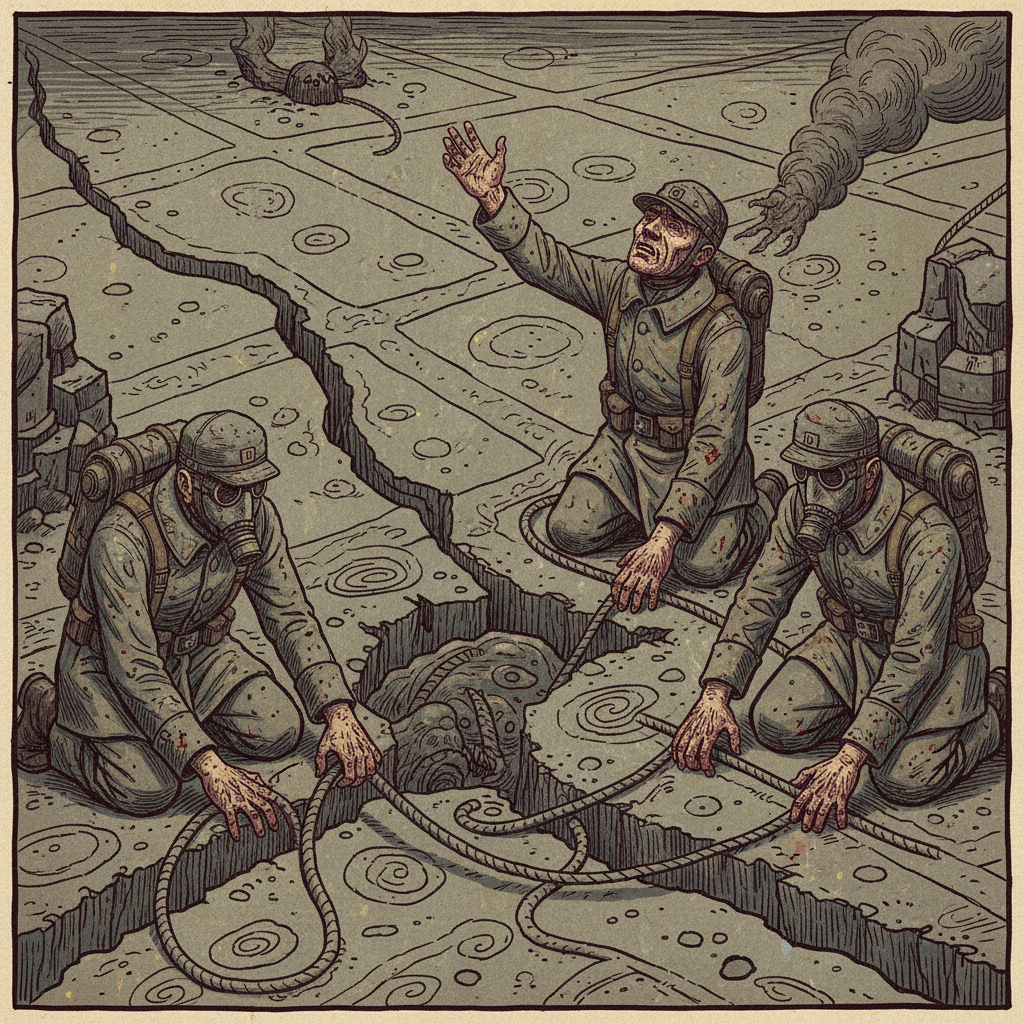 The Mire Collapse of A.S. 172 — Litany-Engineers kneeling at the fissure edges pressing bloodied fuses into the mud, hungry shapes visible in the fissures below, one arm raised in prayer
