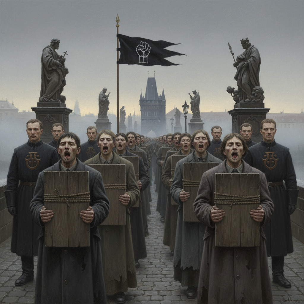 The Procession of Tongues crossing the Charles Bridge at dawn, condemned holding oak doctrine tablets, Ephrath brothers flanking, fog on the Vltava below