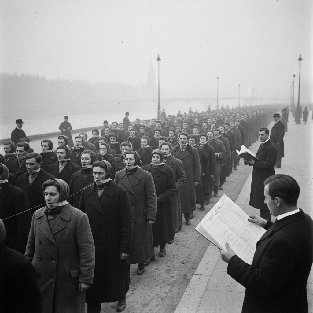 The Lyon variant, Bureau of Festivals Procession of Tongues, citizens chanting the Creed along the riverside boulevard, some mouths already bound with oiled linen strips