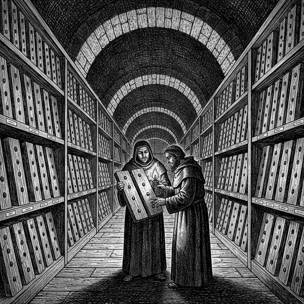 The Ephrath Chapterhouse doctrine tablet warehouse, shelves of oak tablets filed by decade, nail-holes worn smooth on older tablets, two brothers examining one by lamplight