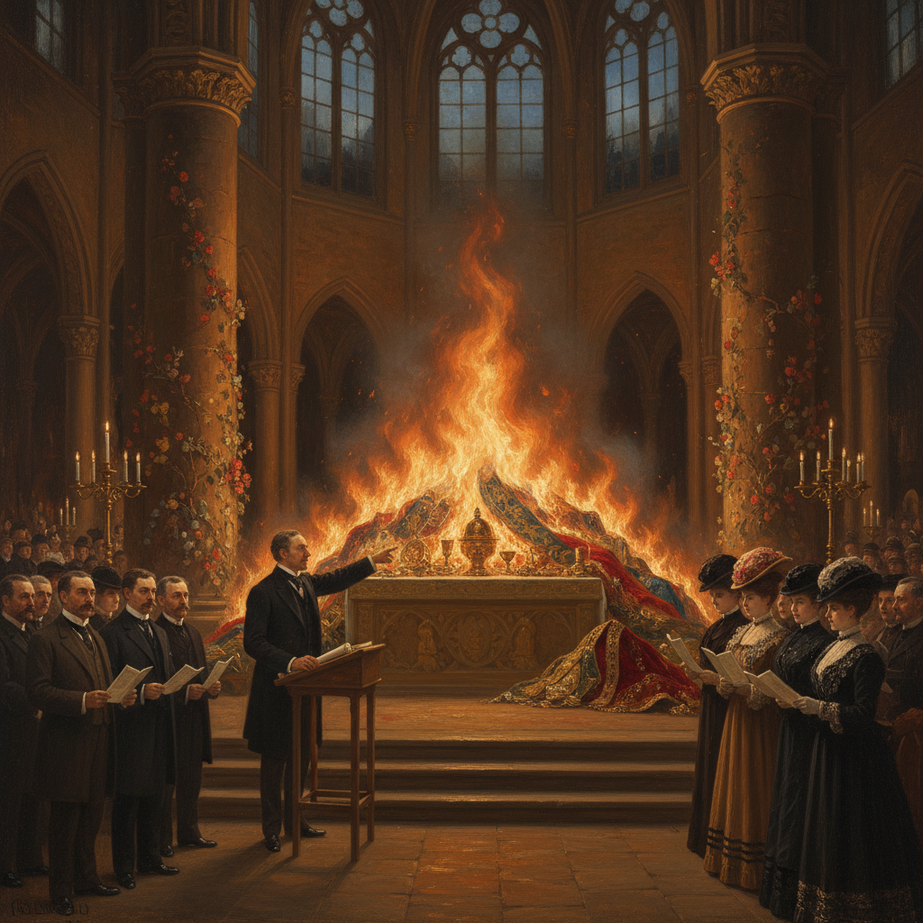 Bonfire of Purification inside Rouen Cathedral nave, A.S. 12 — vestments burning at the altar steps, Rationalist lecturer at a podium before the pyre, printed programmes in audience hands