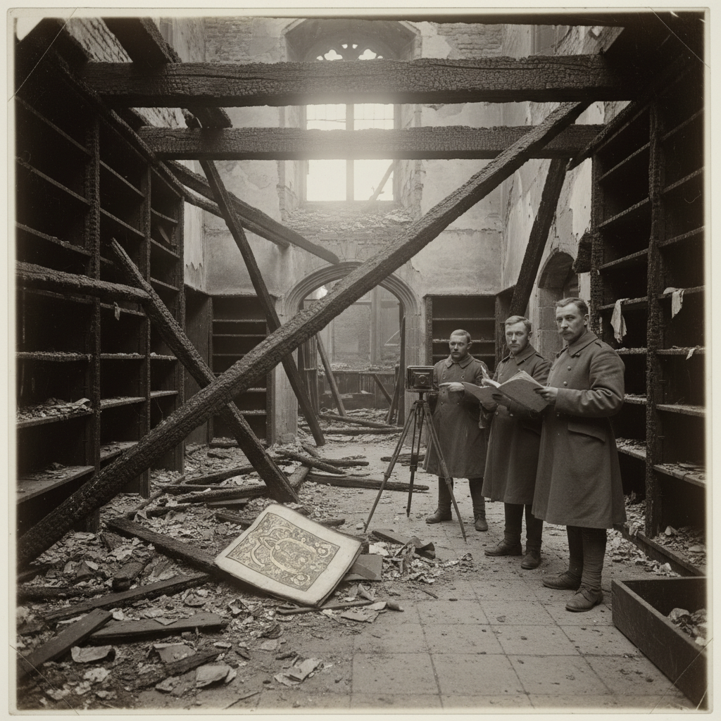 Gutted scriptorium at Ghent the morning after the fire — charred shelves, fallen beams, ash on stone floors, one illuminated page intact amid the debris