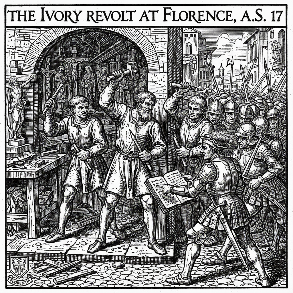 The Ivory Revolt at Florence — artisans defending their workshop doorway with chisels and awls against Republican Guards, crucifixes on the workbenches behind them