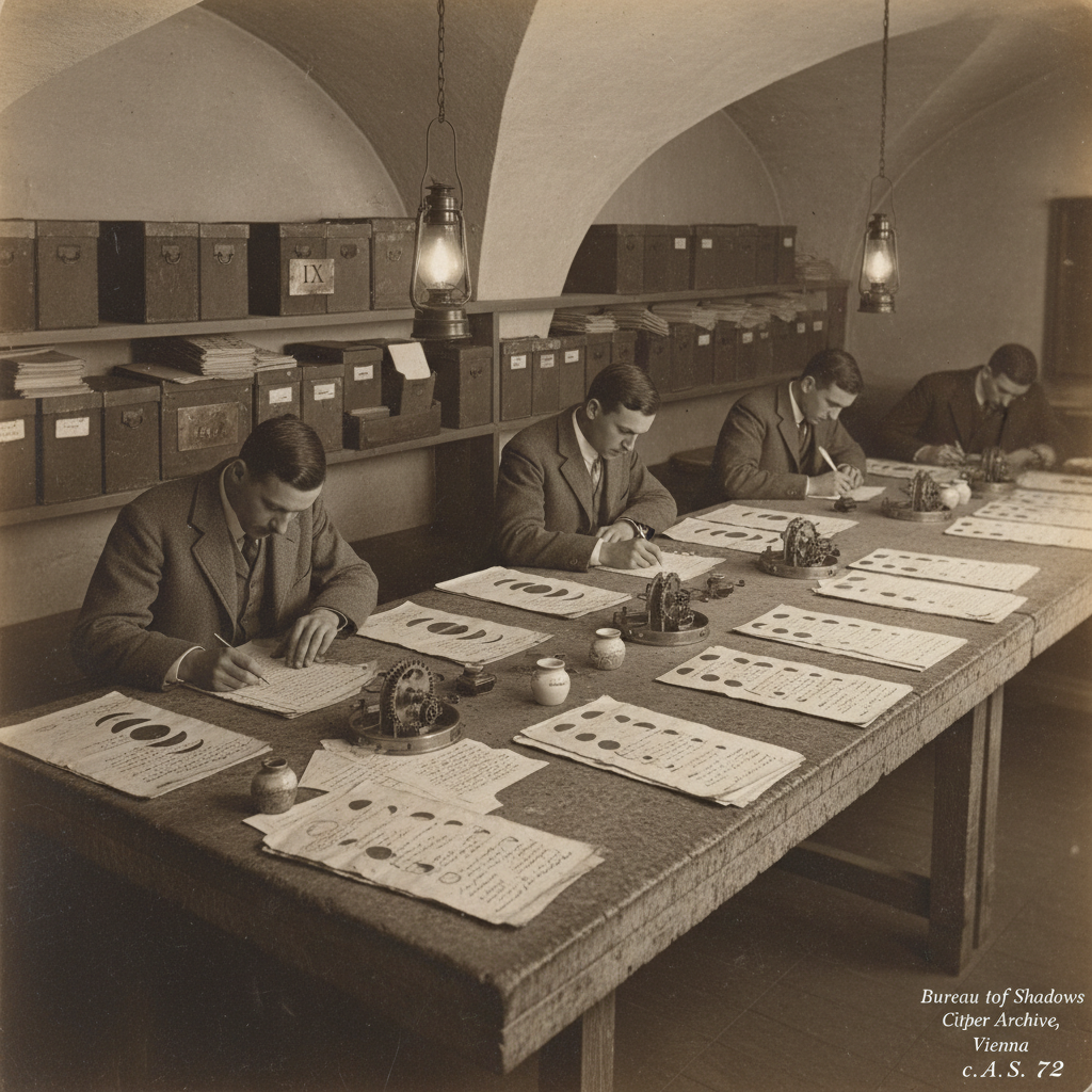 Bureau of Shadows cipher archive reading room — three code-breakers at stone tables, 647 recovered letters in lunar-phase order, decoding wheels and annotation sheets, the file box for Member IX conspicuously thin on the shelf behind