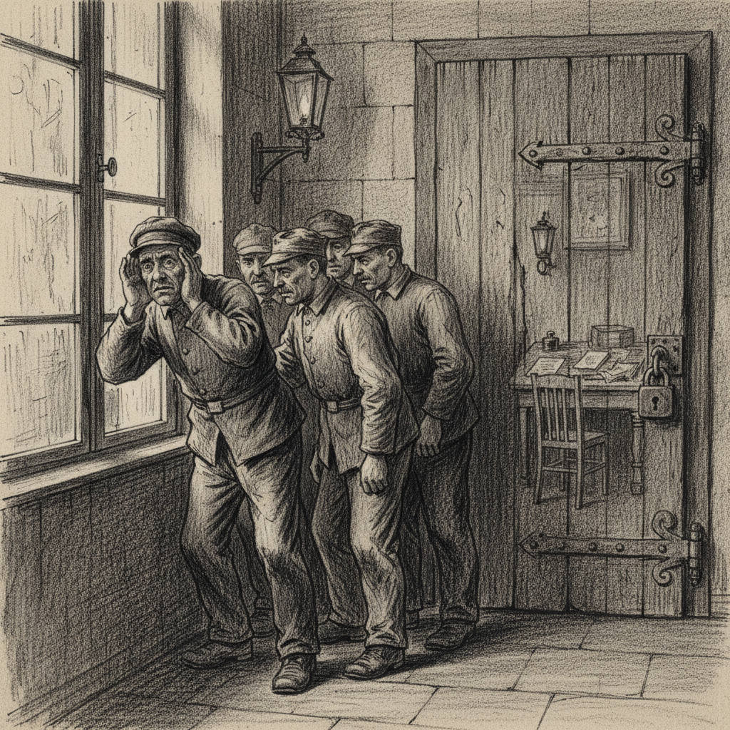 Synod maintenance workers at the door that does not open — one man pressing his face to the exterior window glass, ordinary furniture visible through it, his expression suggesting the interior view differs from the exterior