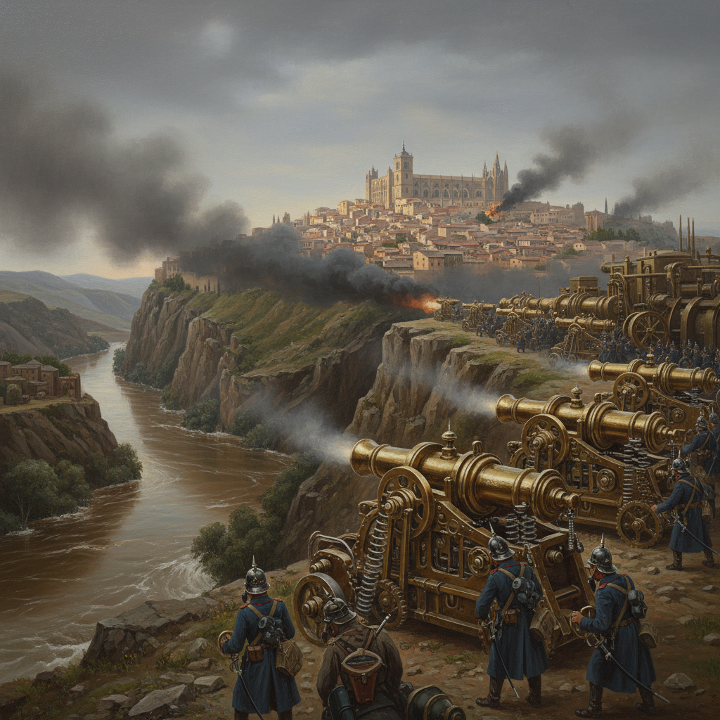 Toledo fortress-city on its rocky promontory above the flooded Tagus, Rationalist clockwork artillery firing from the eastern ridge, smoke rising from the cathedral complex at dawn