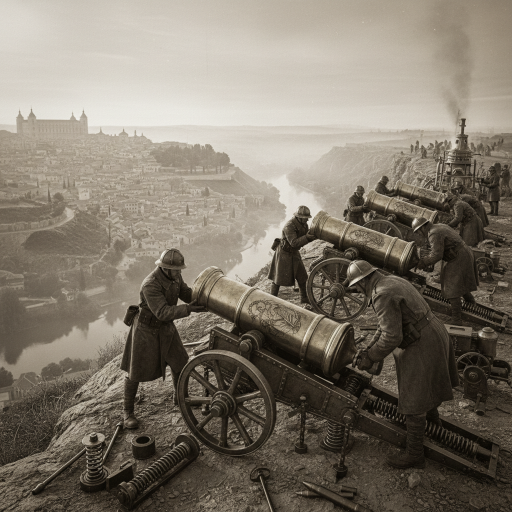 The 4th Orison Company Bell-Cannon crews on a ridge above Toledo, relic-shot brass artillery on wheeled carriages, soldiers loading saint-inscribed rounds
