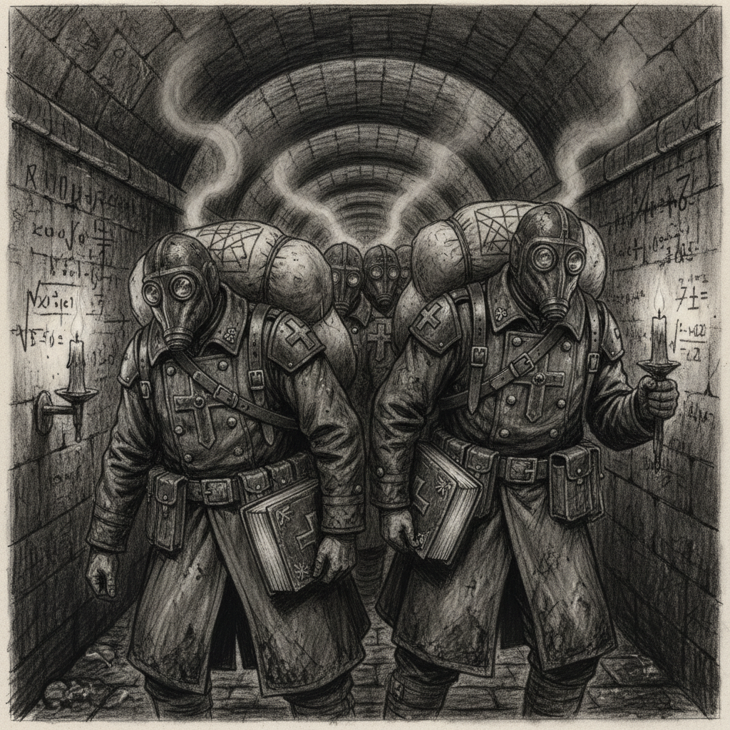 Litany-Engineers crawling through narrow stone sewers beneath Toledo, oil-stained hymnals at their belts, equations and prayers scratched into the wet stone walls by candlelight