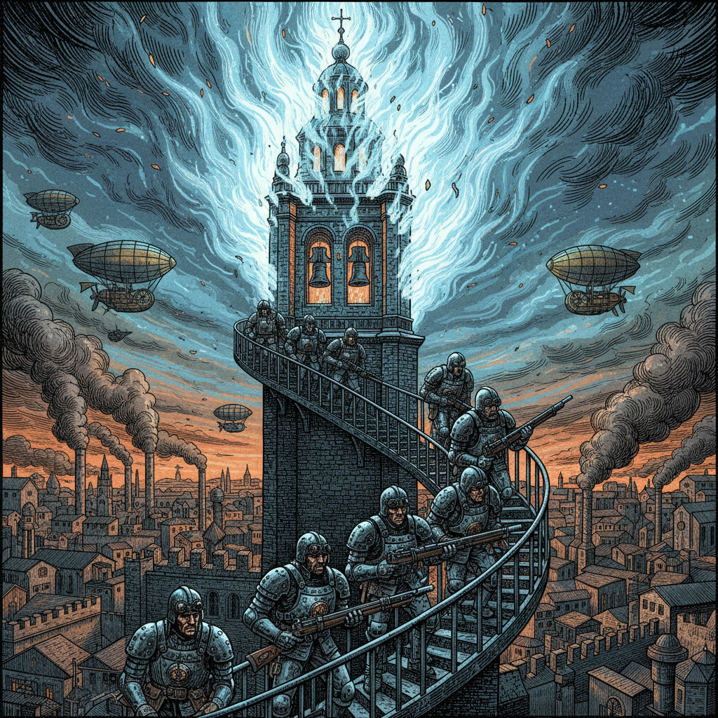 The burning bell tower of Toledo at night, fire blazing with unnatural light from the summit, Republican Guards ascending the stairwell below