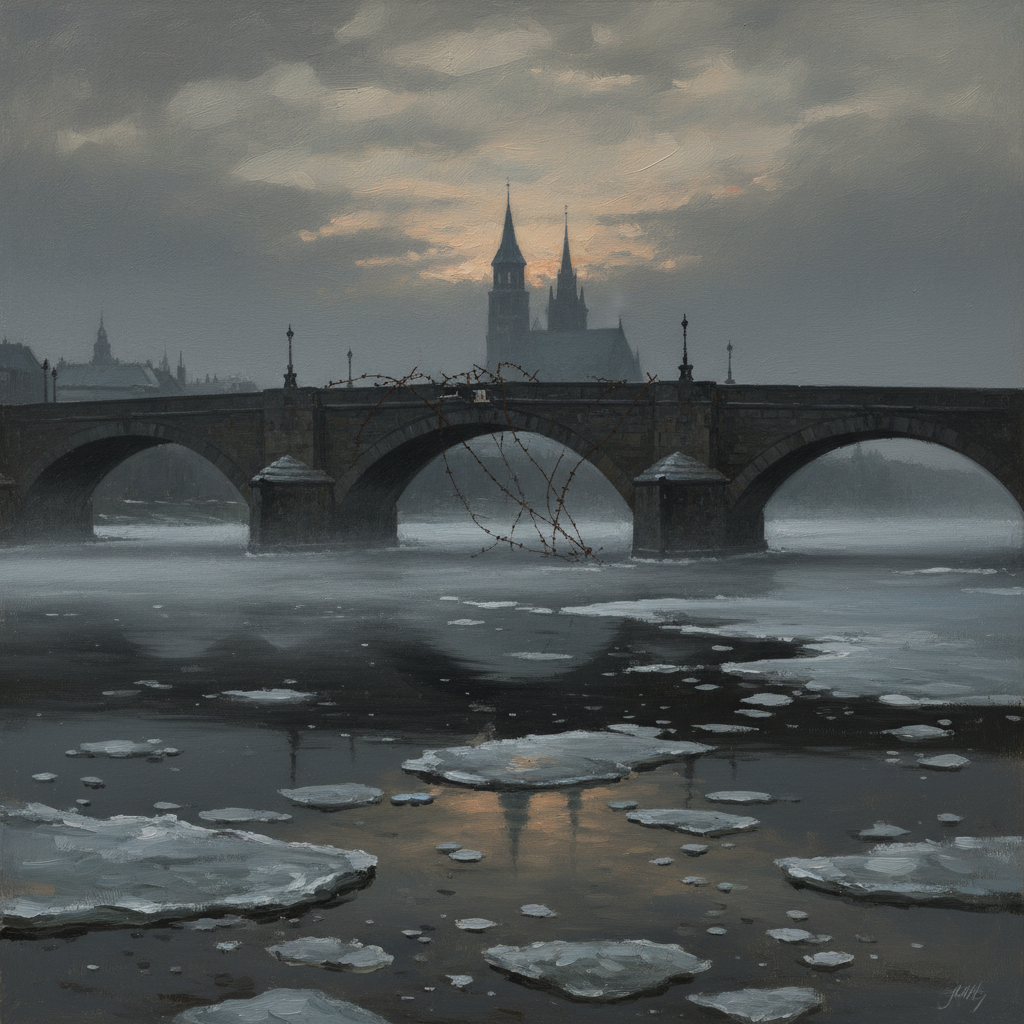 The Dębnicki Bridge over the frozen Vistula at pre-dawn, empty stone bridge after the act, scattered iron wire glinting on the flags, ice floes in the black water below, Kraków spires silhouetted in grey overcast