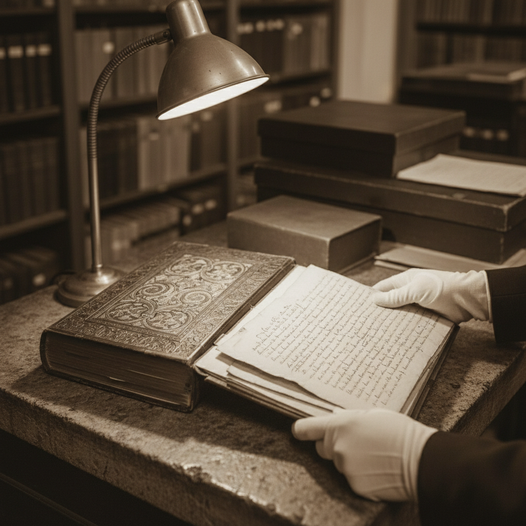 A psalter binding opened on a stone desk to reveal smuggled testimony pages in a woman's careful hand, an archivist's gloved hands framing the document, archival lamp overhead, Strasbourg circa 1900