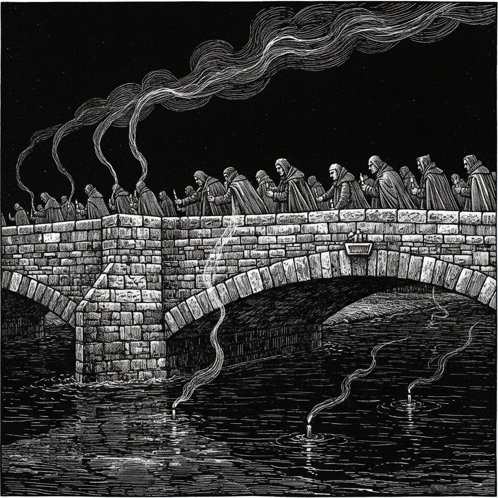 Pilgrims in greatcoats on the Dębnicki Bridge at night, extinguishing candles one by one at the midpoint, dropping smoking wicks into the dark Vistula below, forty-seven wisps of smoke rising