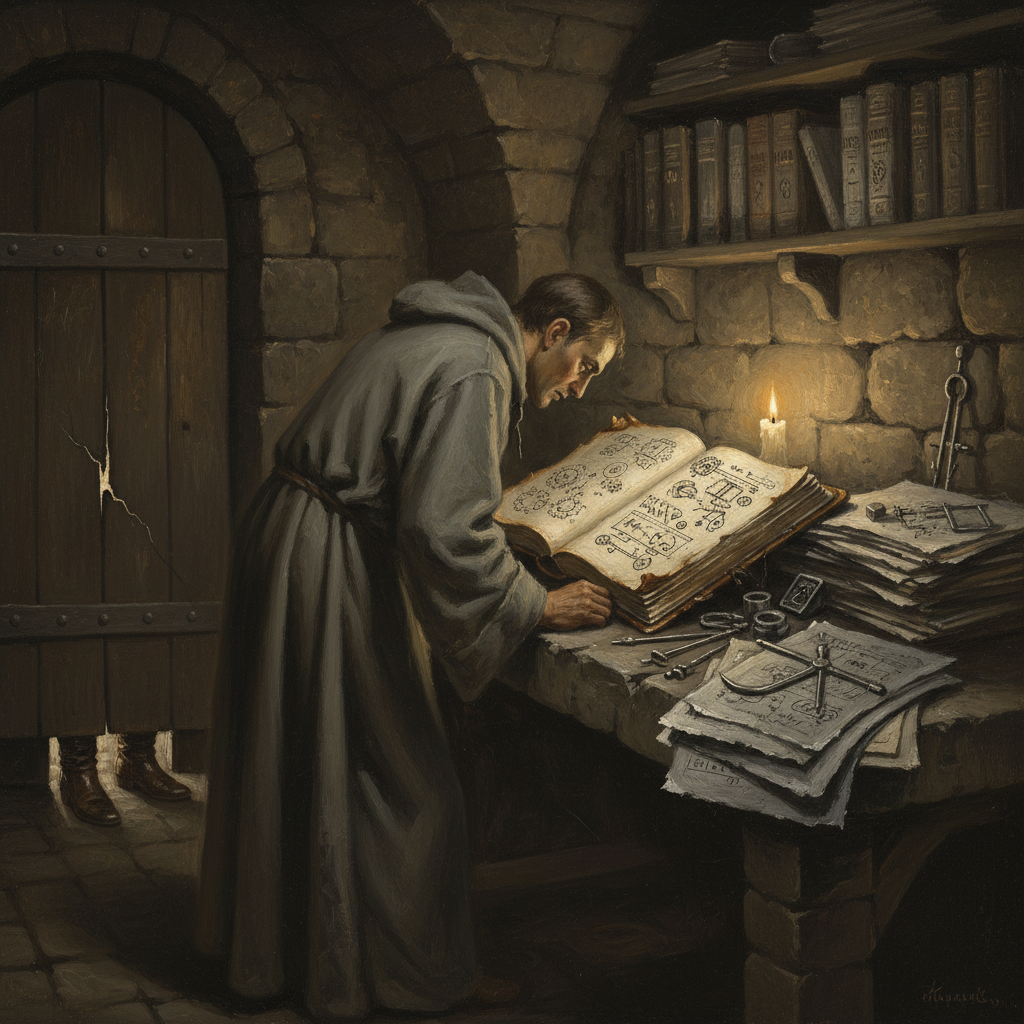 A cellar workshop of an Ashen Circle Scholar — a hollowed prayer-book open to forbidden engineering diagrams, ash-paper and cipher tools on a stone desk, a candle stub burning low, shadow of boots visible under the door crack