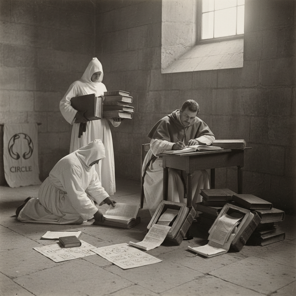 Bureau of Purity Interdiction Squad cataloguing confiscated texts on a stone floor — hollowed hymnals cut open to reveal hidden manuscript pages, a Redactor with ledger noting each item
