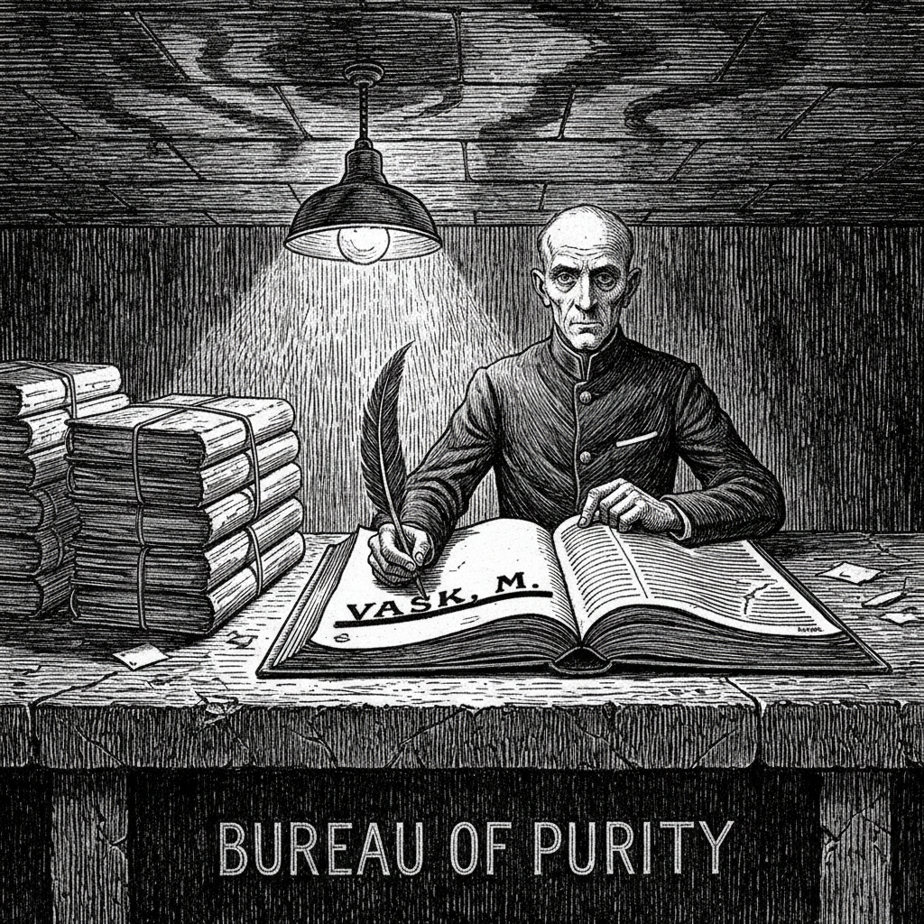 Bureau of Purity clerk drawing a line through Vask's name in the Index of Prohibited Persons — confiscated text-folios stacked beside the desk, smoke stains on the stone ceiling from the recently completed bonfire
