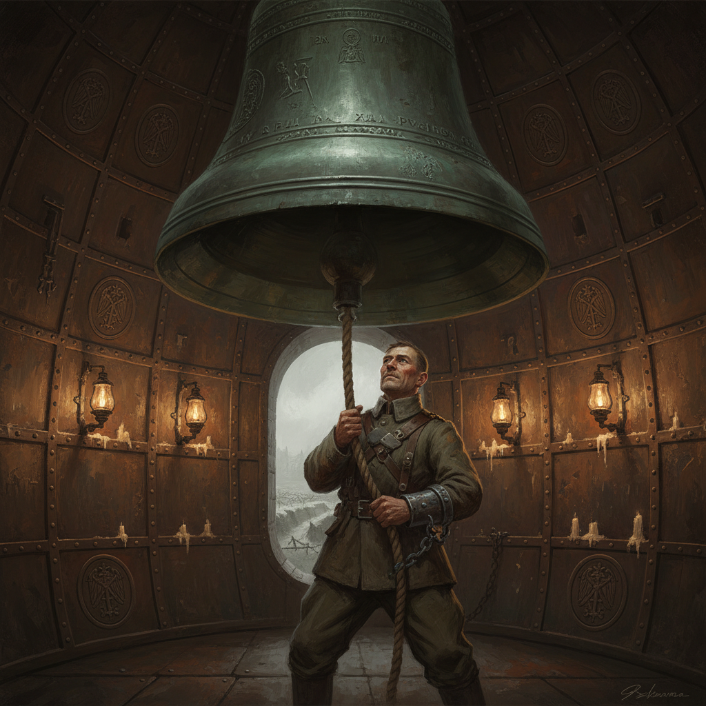 A Bellwarden mid-pull on the bell rope in his tower at Bastion-Shipka, the iron chain riveted through his forearm catching gas-lamp light, the great bronze bell above and fog-shrouded trench-lines below.