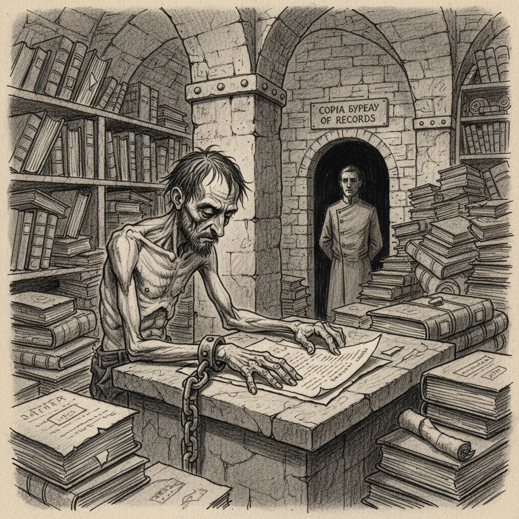 A bell-sickness case in the Bureau of Records filing annex at Sofia — a man counting document pages one by one, chain still on his wrist, a Bureau orderly watching from the doorway.