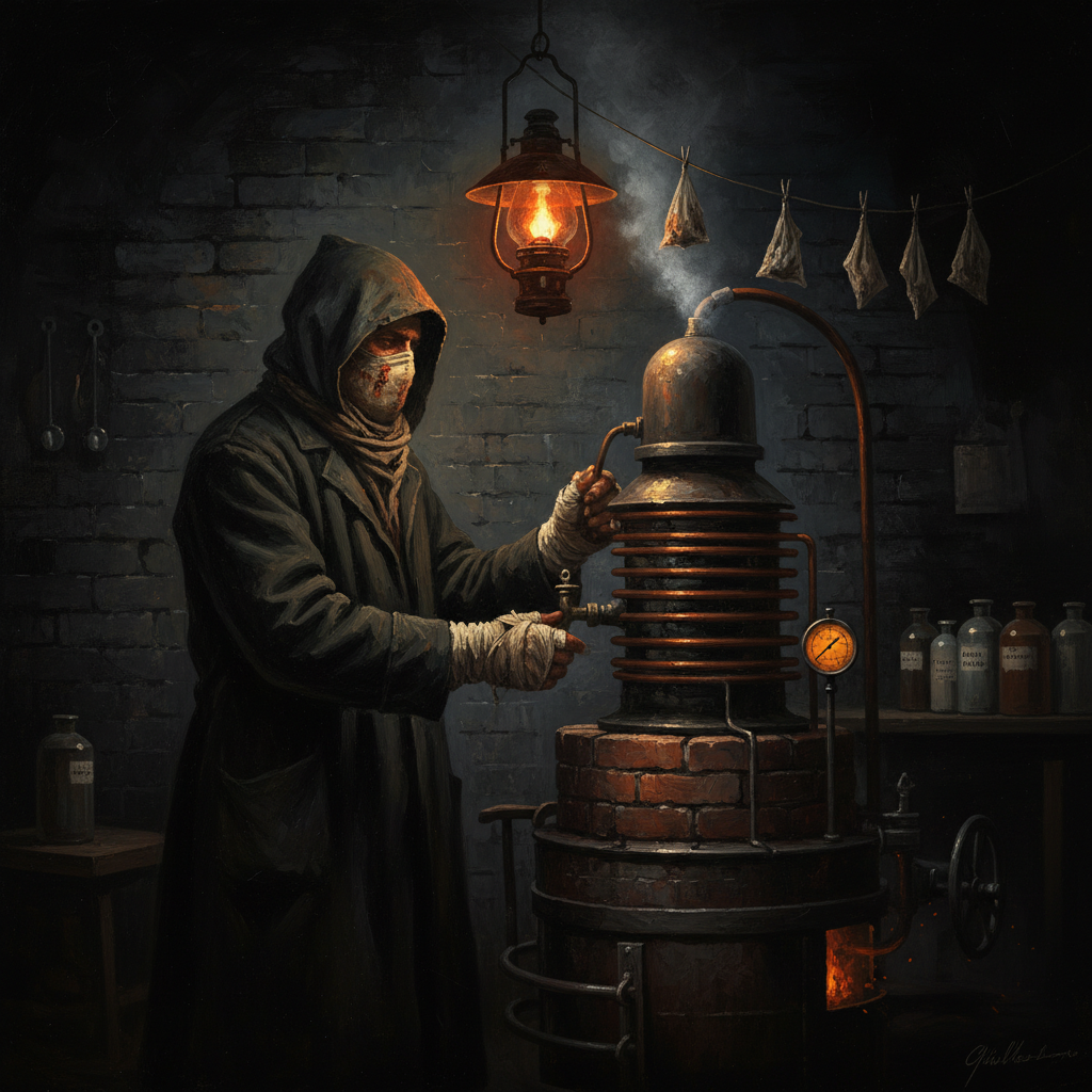 Low basement distillation pit beneath a Constantinople Warren district — a Coil-Hand tending a brick-and-iron coil-still, soot-blackened walls, bone-char sachets, stoppered canisters, orange gaslight against black shadow