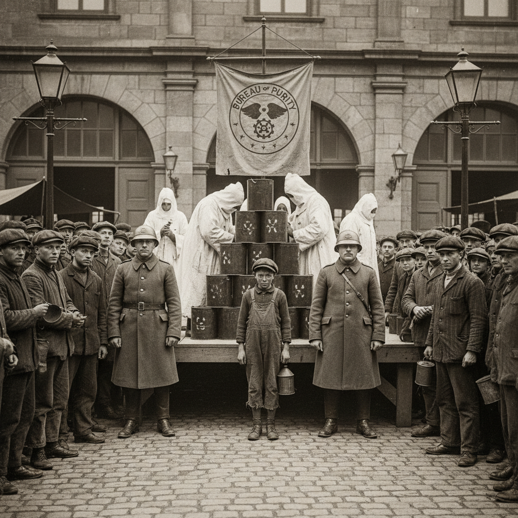 Bureau of Purity confiscation theatre in a garrison market square — officers stacking canisters, a Wick-Kid between two guards, crowd watching with neutral faces