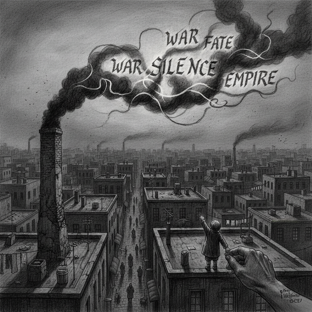 Constantinople warren rooftop at dusk — oily black smoke coiling into legible letters above the skyline, figures averting their gaze, one child pointing upward as an adult hand closes gently over the child's wrist