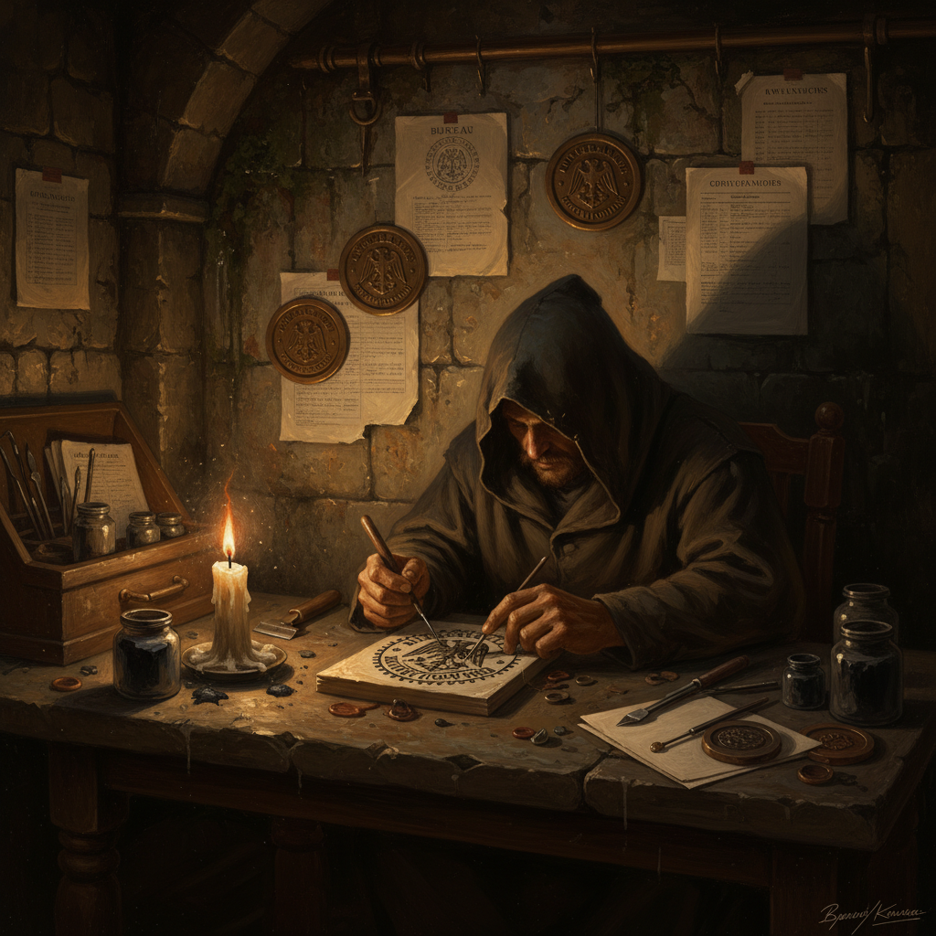 A Seal-Swapper at a stone desk in a deep Warren cellar workshop, wax-scraper in hand, a forged Bureau ration-stamp mid-production under a bone-char candle. Authentic Bureau seals pinned to the damp stone wall for reference.