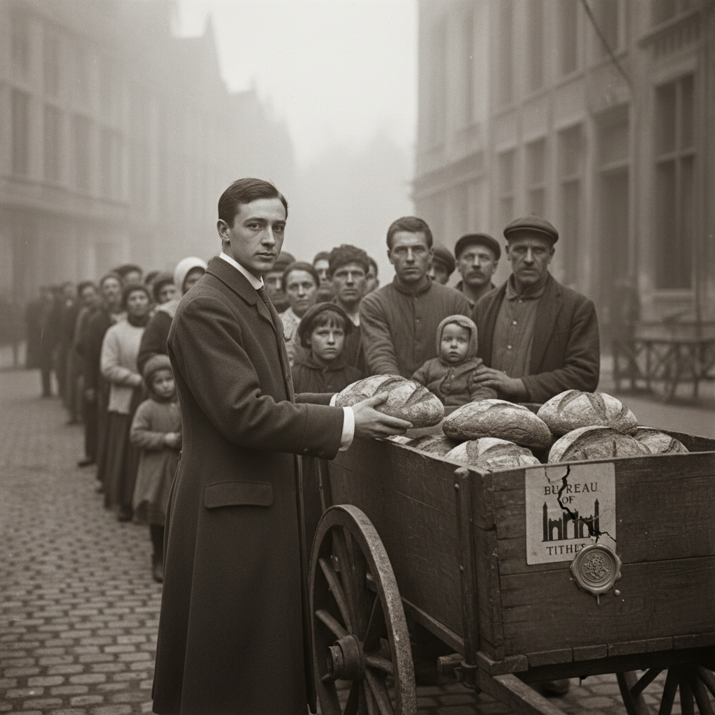 Queue-Saints distributing bread from a bread-cart in a Ghent ration queue at pre-dawn, hollow-faced workers and families extending into the morning fog.