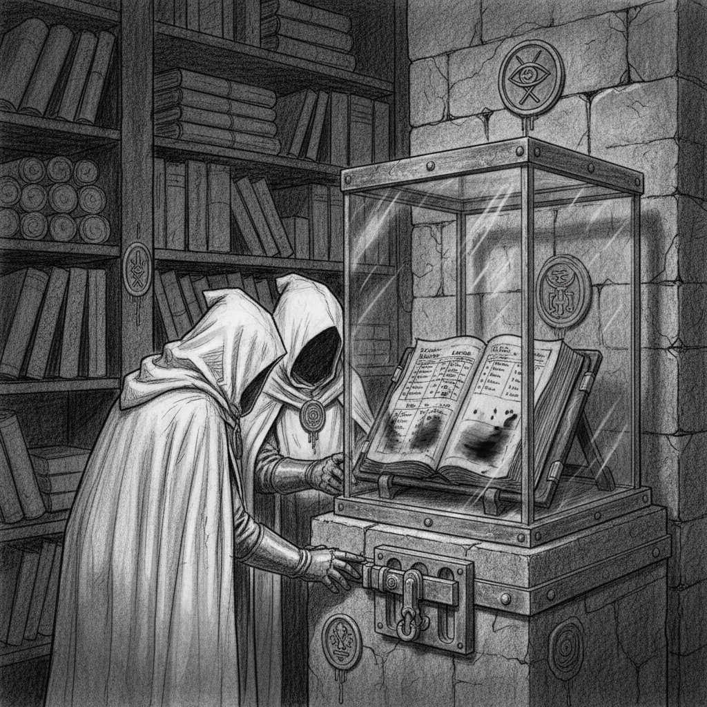 Two white-robed Bureau of Purity archivists before the sealed glass case containing the Black Ledger of Ghent in a Strasbourg archive room, blood-stained vellum pages visible through the glass.