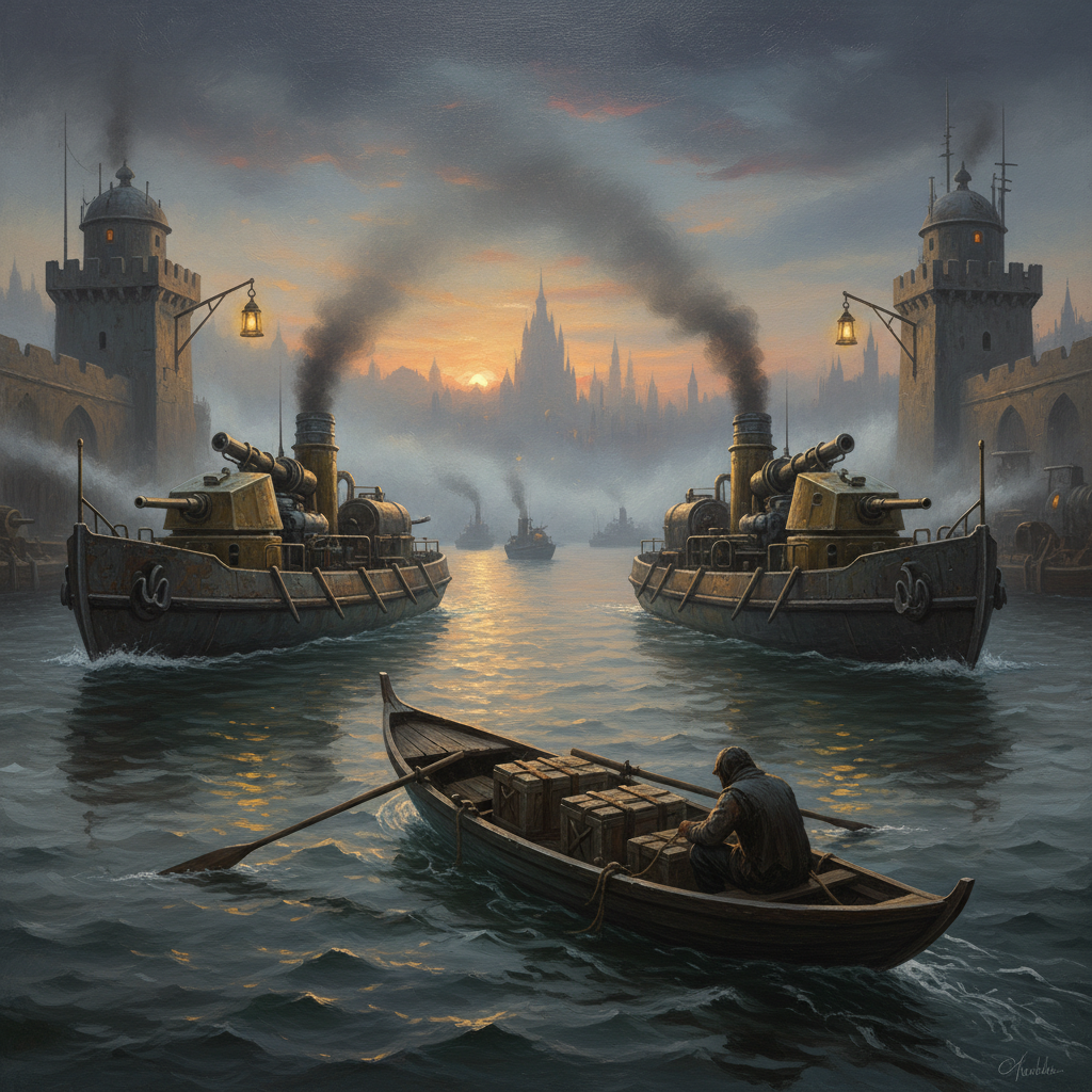 A Strait-Rat skiff threads between Bureau of War patrol launches in the Bosphorus at dawn, reliquary crates amidships, bell-lanterns swinging at checkpoint towers, fog pressing from the Black Sea.