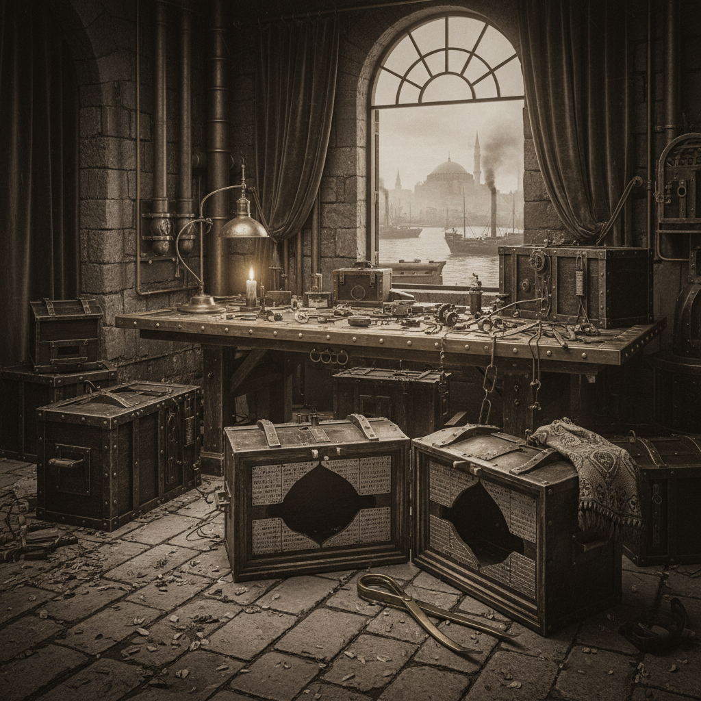A Reliquary Surgeon's workshop on the Constantinople waterfront — reliquary crates in various stages of disassembly, a fresh cavity carved into one panel and lined with lead prayer-plates, wax-tongs and handling cloth beside the frame.