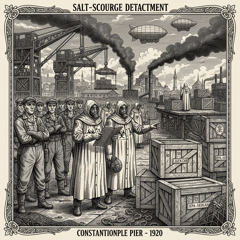 Bureau of Purity Salt-Scourge inspectors count decoy crates on the Constantinople customs pier, ledger open, dockhands watching with carefully neutral expressions, while the genuine shipment passes on the far dock unnoticed.