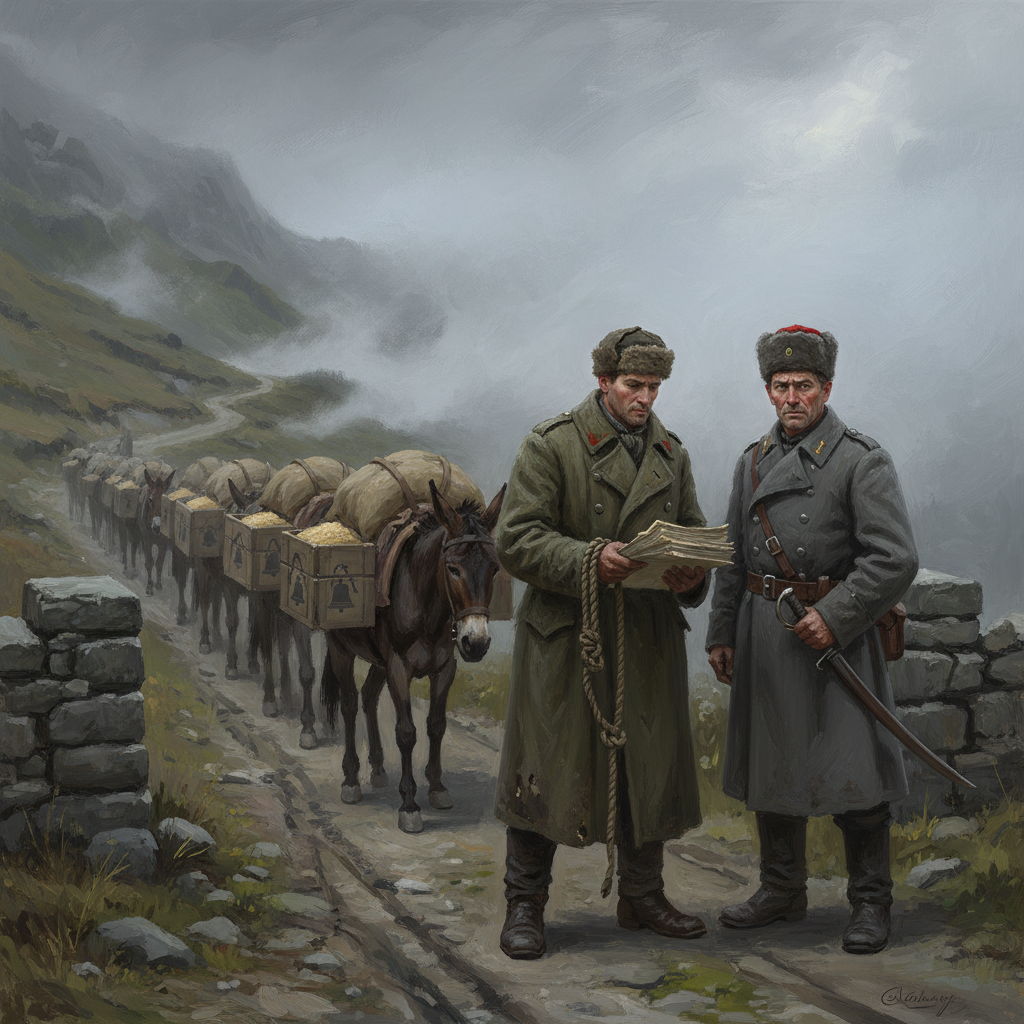 A Caravan Factor at a Carpathian ridge tithe-gate at dawn, presenting manifests to a gate-sergeant, mules loaded with relic-crates behind him, knotted route-cord at his wrist.
