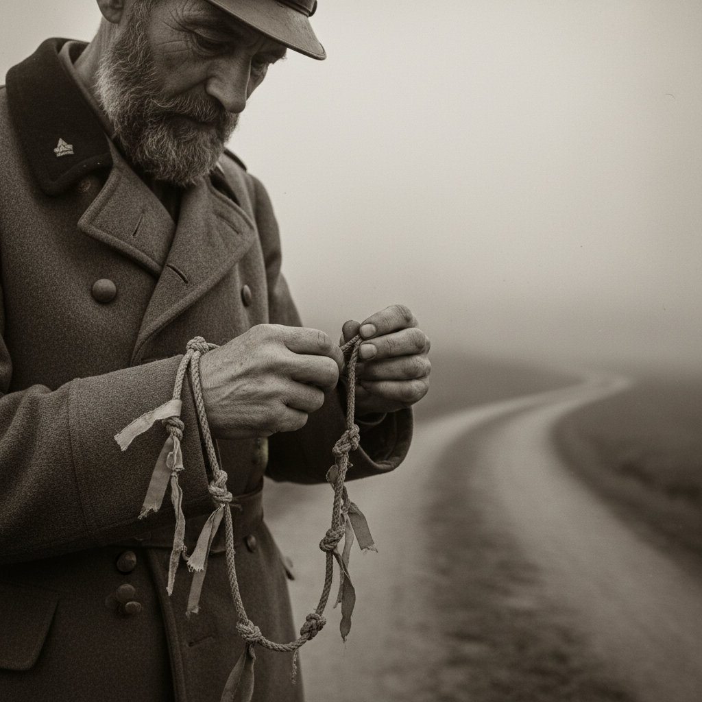 A veteran Factor reading his knotted route-cord by touch in grey pre-dawn, hands working knot by knot, each tagged with a faded ribbon.