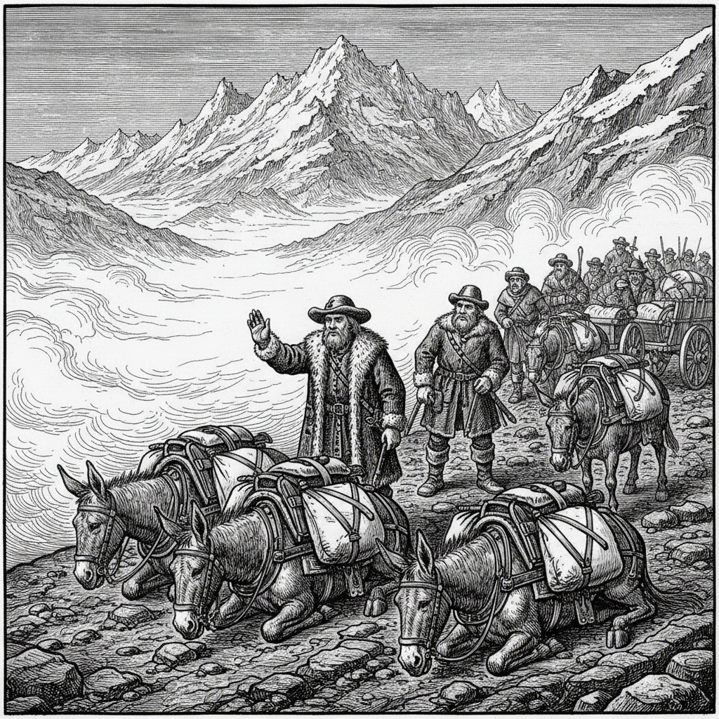 A supply convoy halted in singing fog in a Carpathian saddle, mules sitting down, Factors signalling silence, harness buckles faintly catching the dim grey light.