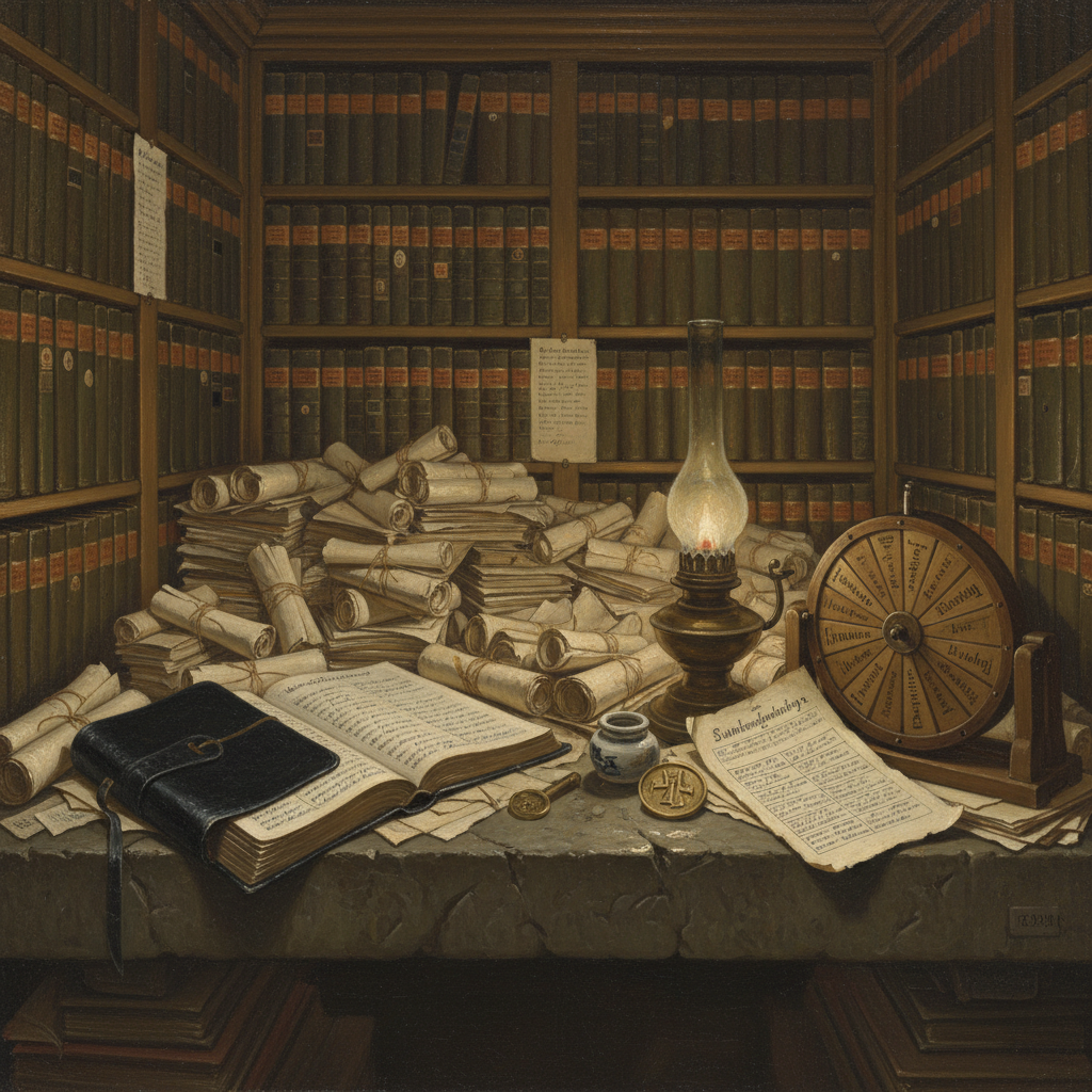 A Codex Auditor's district office at night, stone desk buried under confession abstracts, phrase wheel and rubric beside the lamp, black-book open with names, seal token by the inkwell, rows of ledgers on every wall